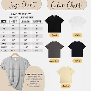 K&ouml;nnte beinhalten: Produktbild mit einer Gr&ouml;&szlig;entabelle und Farbauswahl f&uuml;r ein Unisex-T-Shirt mit kurzen &Auml;rmeln. Die Gr&ouml;&szlig;entabelle listet Brust-, L&auml;ngen- und &Auml;rmelma&szlig;e in Zoll auf. Farboptionen sind Schwarz, Wei&szlig;, Dunkelgrau, Marineblau und Apricot.