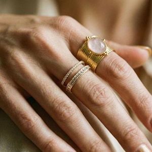 Rosenquarz Ring Damen mit Cabochon – 18K vergoldeter Edelstahl, einzeln oder als Schmuckset
