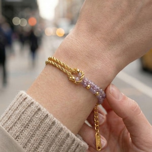 Bracciale di Perline Ametista Pietra Naturale, Donna Boho Fatto a Mano Statement, Placcato Oro 18K Acciaio Inossidabile