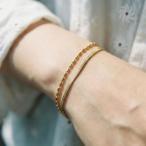 Modern 18K Gold Plated Double Layered Snake Chain & Cylinder Bead Bracelet for Women. Elegant Stacked Bracelet.