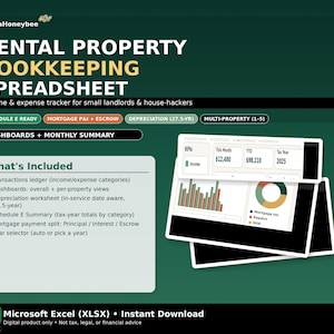 May include: A digital product advertisement for a rental property bookkeeping spreadsheet. The image features the title "Rental Property Bookkeeping Spreadsheet" with a green and white color scheme. The spreadsheet includes income and expense tracking, dashboards, and a depreciation worksheet.