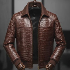 May include: A brown jacket featuring a textured crocodile skin pattern throughout the exterior. The garment includes a ribbed collar and ribbed cuffs, a central metal zipper closure, and a smooth black interior lining visible at the open front.