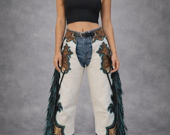 Women’s Black Leather Fringe Chaps | Western Cowgirl Rodeo Pants | Suede Motorcycle Chaps with Tassels