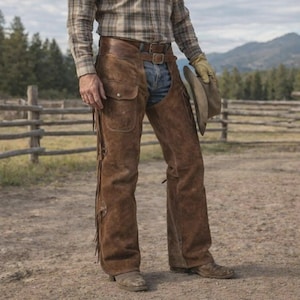 May include: Brown leather chaps with fringe and pockets. The chaps are worn with a plaid shirt, belt, and boots. A cowboy hat is held in the hand. The scene is set outdoors with a wooden fence and mountains in the background.