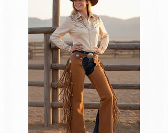 Women’s Brown Leather Fringe Chaps | Western Cowgirl Rodeo Pants | Suede Motorcycle Chaps with Tassels