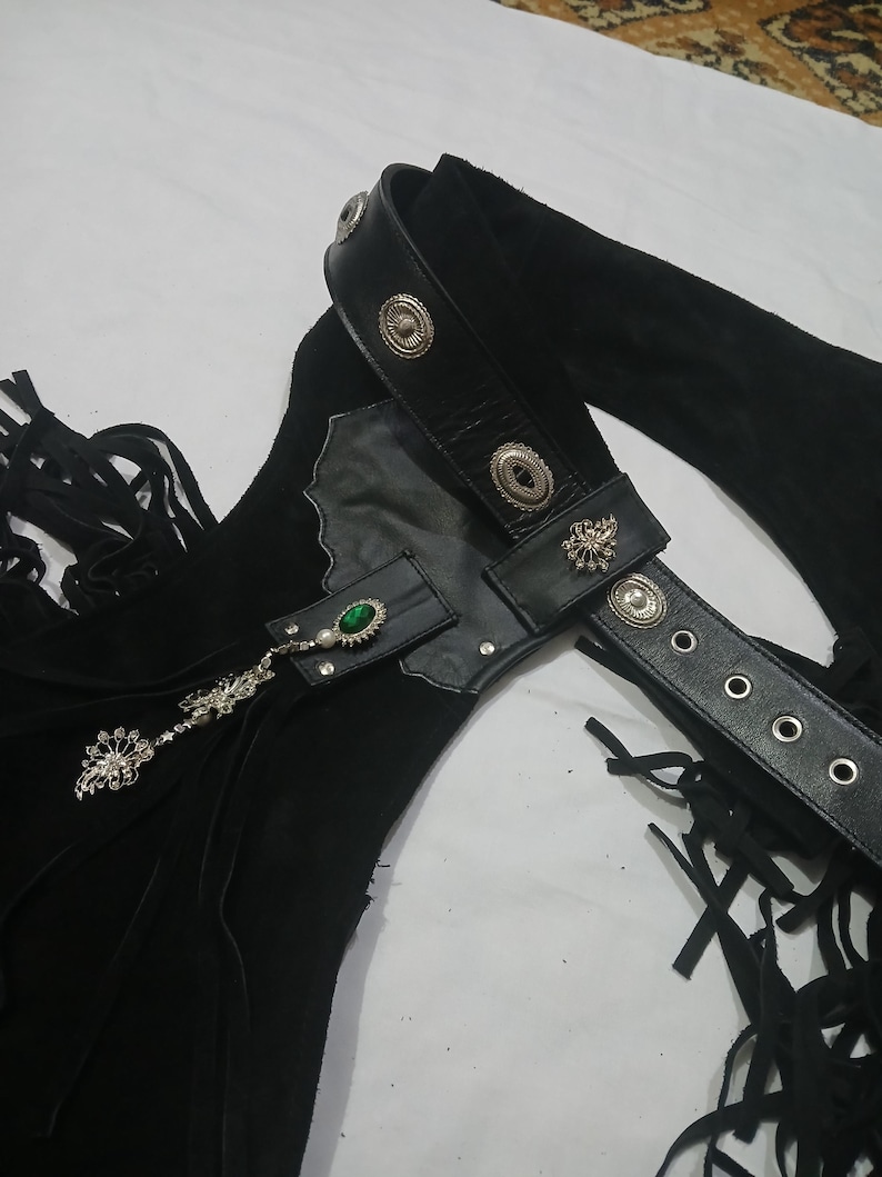 Women’s Black Leather Fringe Chaps | Western Cowgirl Rodeo Pants | Suede Motorcycle Chaps with Tassels image 5