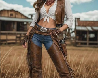Women’s Brown Leather Fringe Chaps – Western Cowgirl Rodeo Style | Western Cowgirl Pants