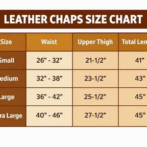 May include: A size chart for leather chaps, with measurements in inches. The chart includes sizes from Small to Extra Large, detailing waist, upper thigh, and total length measurements for each size. The text "LEATHER CHAPS SIZE CHART" is at the top.