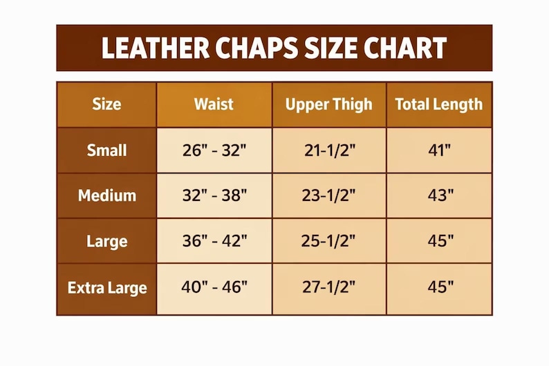 May include: A size chart for leather chaps, with measurements in inches. The chart includes sizes from Small to Extra Large, detailing waist, upper thigh, and total length measurements for each size. The text "LEATHER CHAPS SIZE CHART" is at the top.