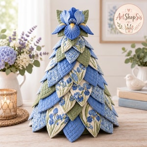 Op de afbeelding: Een decoratief kegelvormig ornament opgebouwd uit gelaagde, doorgestikte stoffen bladeren in blauwe, groene en witte tinten. De bladeren zijn voorzien van bloemmotieven en effen texturen, bekroond met een driedimensionale blauwe iriskleurige bloem.