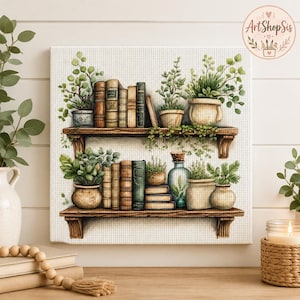 May include: A square canvas print featuring two wooden shelves holding various potted green plants and antique-style books. The artwork displays a grid-like texture throughout, with a circular logo in the top right corner that reads ArtShopSis.