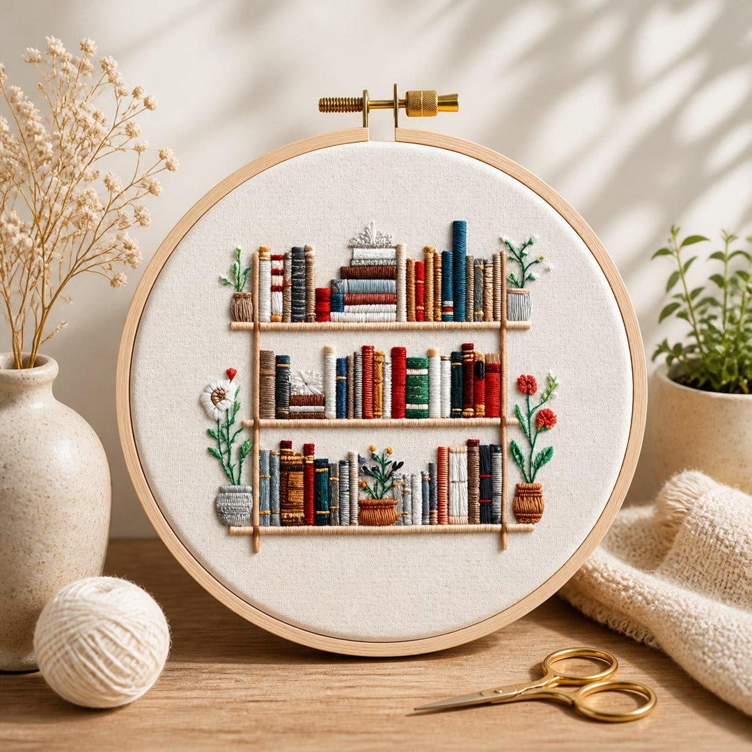 Bookshelf Embroidery Kit for Beginners, Book Lover DIY Craft, Modern ...
