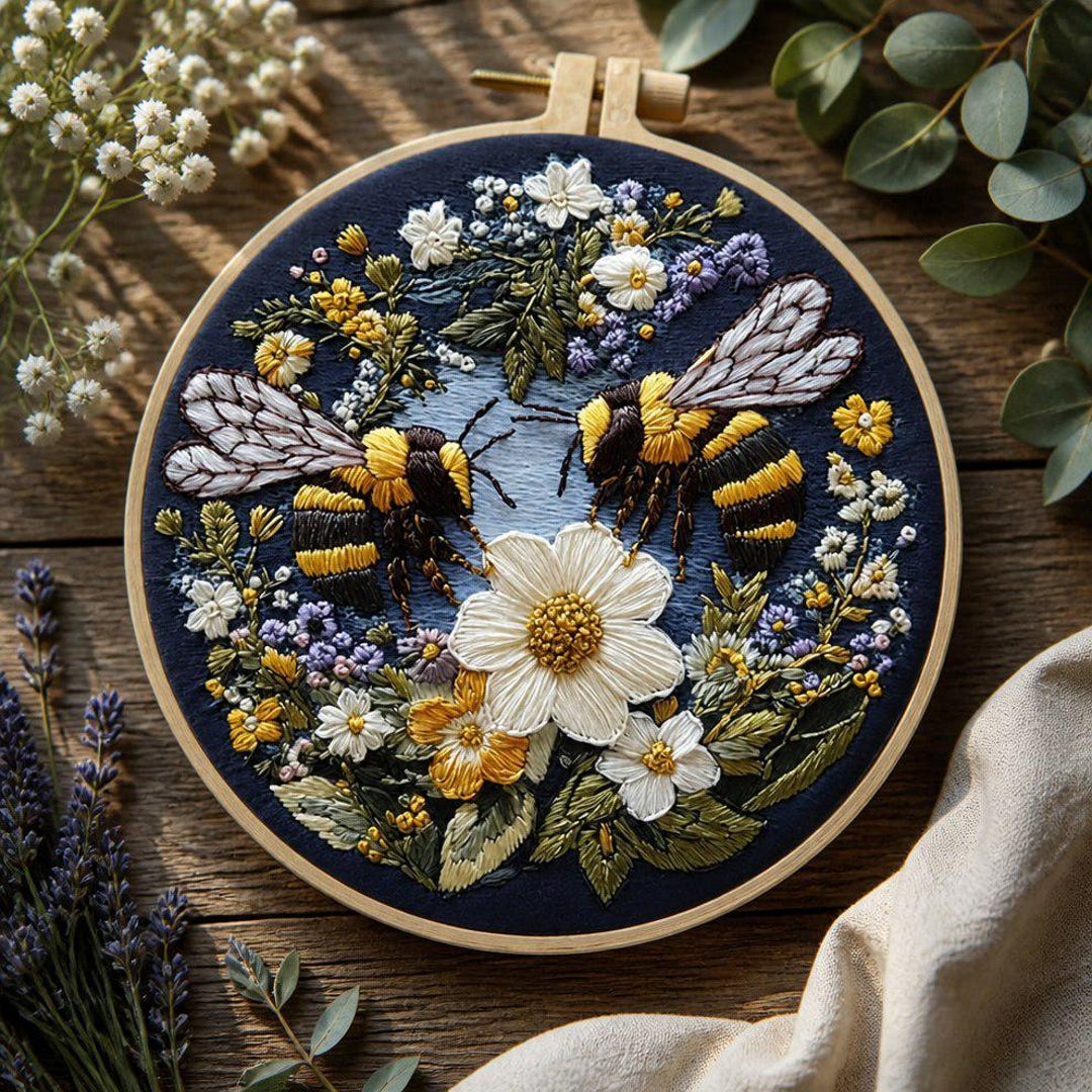 Hand Embroidered Bee Hoop Art, Floral Cottagecore Decor DIY Needlework ...