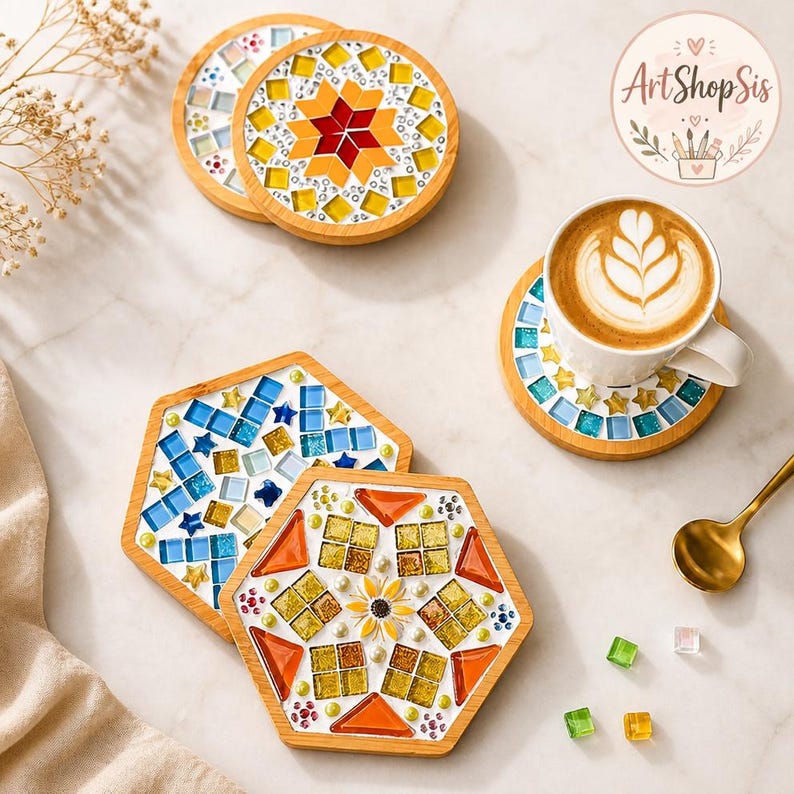 Pu&ograve; includere: Un set di sottobicchieri in legno rotondi ed esagonali con motivi a mosaico colorati nelle tonalit&agrave; del blu, giallo, arancione e rosso. Un sottobicchiere sostiene una tazza in ceramica bianca piena di caff&egrave;, con tessere di mosaico sparse.
