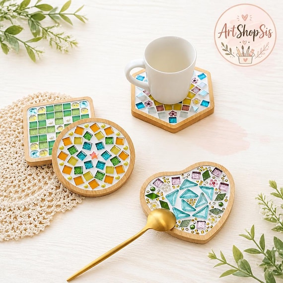 DIY Mosaic Coaster Kit, Bamboo Base with Crystal Tiles, Square & Round Handmade Craft Set, Home Decor Gift and Beginner Art Project