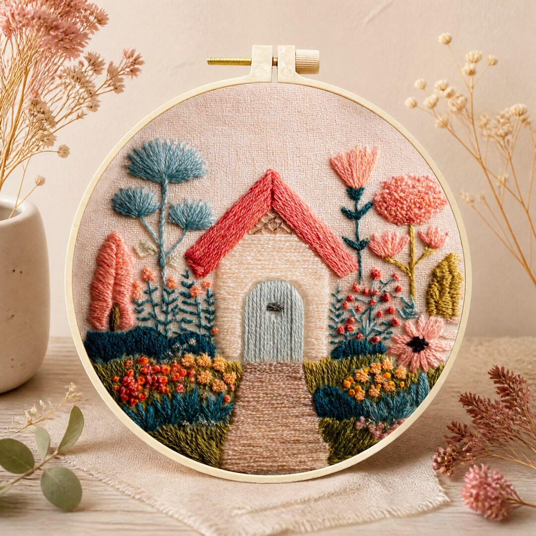 Embroidery Kit for Beginners, Cottage Landscape Garden House Hoop Art ...