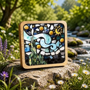 May include: A square wooden frame containing a mosaic art piece with a swirling blue and white pattern, yellow circular accents, and a crescent moon shape. The mosaic is composed of various small, irregular glass and stone pieces in shades of blue.