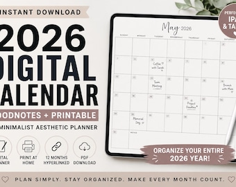2026 Monthly Wall Calendar | Minimalist Digital & Printable  (Digital Download)