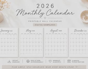 Månadsväggkalender 2026 | Minimalistisk digital och utskrivbar PDF (digital nedladdning)