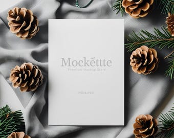 Christmas Flyer, Card, Invitation A4 Mockup | Editable PSD & JPEG | 2000x2000 px | Cozy Holiday Flat Lay Scene | For Branding, Presentation