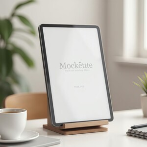 May include: A digital tablet with a black bezel is displayed on a wooden stand. The tablet screen is white with the text "Mockette" and "Premium Mockup Store". A white coffee cup and a small plant are visible in the background.