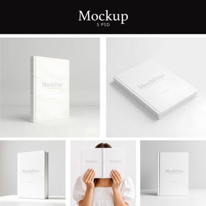 May include: A collection of white book mockups featuring the text Mockette on the cover. The set includes a vertical standing book, a book lying flat, a side view, and a book held open by a person, all displayed against a clean white background.