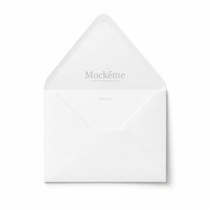 May include: A white paper envelope with an open triangular flap. The interior of the flap features the grey text Mockettte Premium Mockup Store, and the center of the envelope body contains the small grey text MOCKETTE.