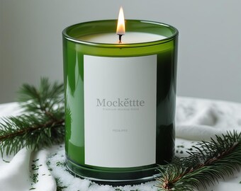 Green Glass Candle Label Mockup | Editable PSD & JPEG | 2000x2000 px | 300 DPI | Winter Evergreen Scene | For Branding, Presentation