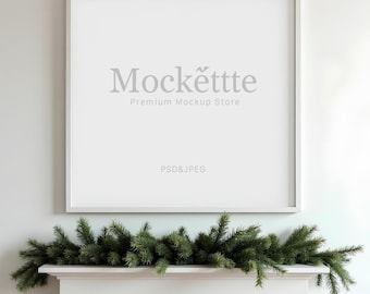 White Framed Wall Art Mockup | Editable PSD & JPEG | 2000x2000 px | 300 DPI | Minimal Interior Above Fireplace Scene