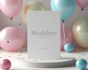 Birthday Card, Invitation A5 Mockup | Editable PSD & JPEG | 2000x2000 px | Festive Balloon Flat Lay Scene | For Branding, Presentation