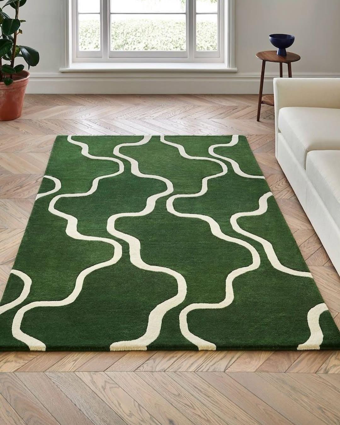 Hand Tufted Green Wool Rug, Modern Abstract Wavy Line Carpet - Etsy