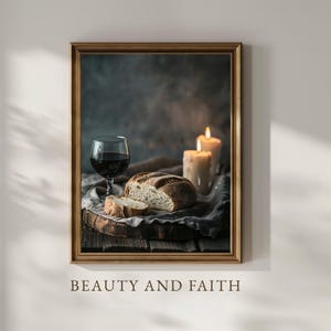 Nature morte représentant le pain et le vin de la Sainte Communion, affiche murale pour salle de prière chrétienne (produit numérique)