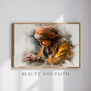 Può includere: Una stampa artistica incorniciata con una pittura in stile acquerello di una persona con un foulard e un abito giallo. La persona guarda in basso con le mani giunte. Il testo "BEAUTY AND FAITH" è stampato in basso.