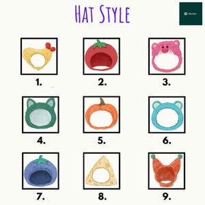 May include: An illustration showcasing nine different hat styles, each within a black square. The hats are designed to resemble a chicken, tomato, bear, cat, pumpkin, bear, blueberry, cheese, and a hat with ear-like protrusions. The text "HAT STYLE" is at the top.