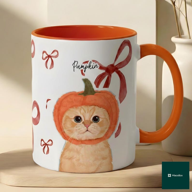 May include: White ceramic mug with an orange interior and handle. The mug features a watercolor illustration of a cat wearing a pumpkin hat, with the word "Pumpkin" above the cat. Red bows and accents decorate the mug.