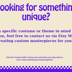 May include: Cream-colored graphic with purple text that reads "Looking for something unique?" and additional text about custom pet costumes. Includes a call to action to contact the seller via Etsy Messages.