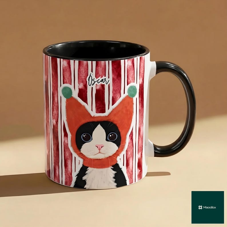 May include: A ceramic mug with a black handle and interior. The mug features a cartoon cat wearing a red hat with green pom-poms, set against a red and white striped background. The name "Oscar" is written above the cat.