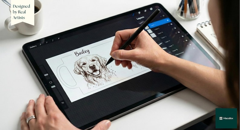 May include: A digital illustration of a Golden Retriever dog named Bailey is being drawn on a tablet with a stylus. The design is for a mug. The text "Designed by Real Artists" is in the upper left corner.