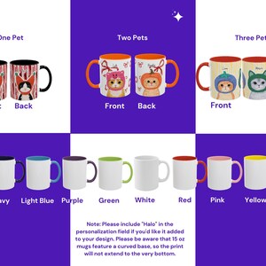May include: Collection of ceramic mugs with various designs. Some mugs feature cat illustrations with hats, while others have solid color interiors and handles in orange, navy, light blue, purple, green, red, pink, yellow, and black. The mugs are displayed against a purple and white background.