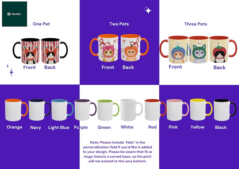 May include: Collection of ceramic mugs with various designs. Some mugs feature cat illustrations with hats, while others have solid color interiors and handles in orange, navy, light blue, purple, green, red, pink, yellow, and black. The mugs are displayed against a purple and white background.