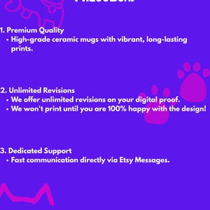 May include: Purple graphic with white text: "Why Choose MiaooBox?" lists "Premium Quality" mugs, "Unlimited Revisions," and "Dedicated Support." Includes a cartoon dog and cat outline, paw prints, and the MiaooBox logo.