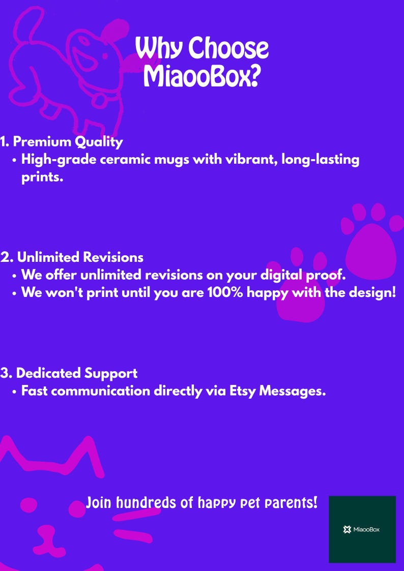 May include: Purple graphic with white text: "Why Choose MiaooBox?" lists "Premium Quality" mugs, "Unlimited Revisions," and "Dedicated Support." Includes a cartoon dog and cat outline, paw prints, and the MiaooBox logo.