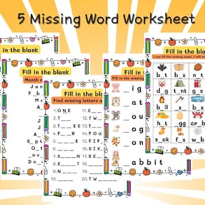 Puede incluir: Hojas de trabajo educativas para niños con el título "5 Missing Word Worksheet". Las hojas de trabajo presentan ejercicios para completar, con bordes coloridos, lápices, manzanas y caras sonrientes. Diseñadas para el aprendizaje temprano.