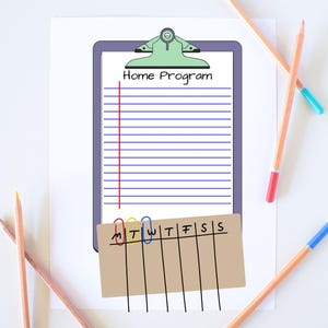 Può includere: Un foglio di carta bianco con un design di appunti viola con la scritta "Home Program". Gli appunti hanno linee blu per la scrittura e una sezione marrone con i giorni della settimana. Diverse matite con punte colorate sono sparse intorno alla carta.