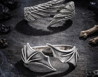 Engelvleugel- en demonoogringen, retro zilveren sieraden voor koppels