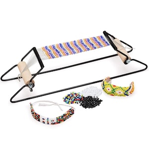 May include: A black metal bead loom with two light wood rollers and a partially woven multi-colored beaded strip. Included are two finished beaded bracelets and three small piles of loose glass beads in white, black, and multi-colored assortments.
