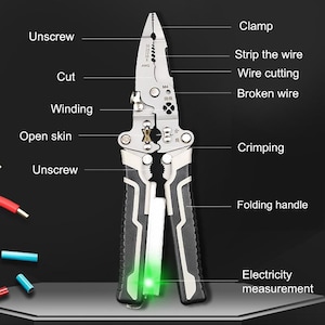 May include: A multi-functional silver and black tool featuring labels for clamp, unscrew, strip the wire, wire cutting, broken wire, winding, open skin, crimping, folding handle, and electricity measurement with a glowing green light indicator.