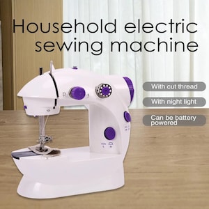 May include: A white household electric sewing machine with purple accents, featuring a needle, thread take-up lever, and speed control buttons. Text on the machine reads: Household electric sewing machine, With cut thread, With night light, Can be battery powered.
