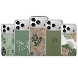 May include: Five phone cases with clear edges and various designs. The cases feature botanical and line art designs in shades of green, beige, and brown. The designs include leaves, flowers, and abstract figures.