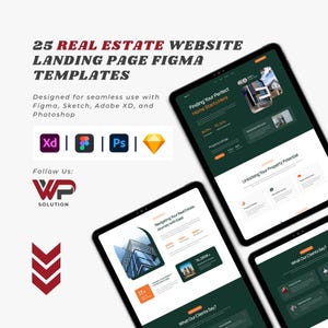 May include: A digital design showcasing 25 real estate website landing page Figma templates. The design includes tablet screens displaying website layouts with green and white color schemes. Text includes "Finding Your Perfect Home Starts Here" and "Navigating Your Real Estate Journey with Ease."